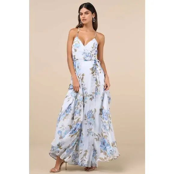 NWT Lulus Oh-So Romantic Pale Blue Floral Print Sleeveless Wrap Maxi Dress Sz S - Picture 1 of 9